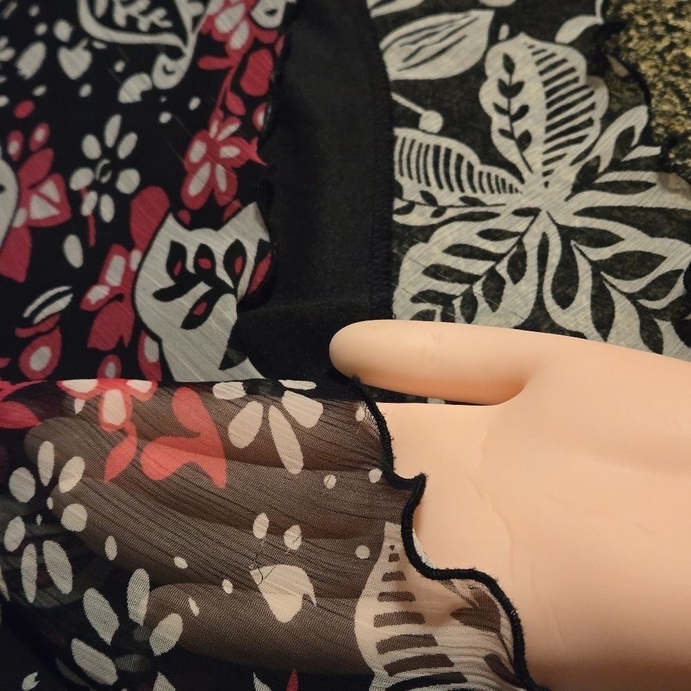 First Option Floral Black Pink White Women's L Top Sheer Shell & Sleeves Lined - Picture 7 of 12